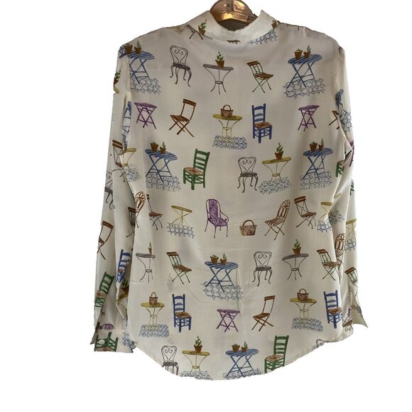 Ishyu Womens 8 Whimsical Silk Button-Down Shirt Colorful Chair Table Print VTG - Picture 2 of 15